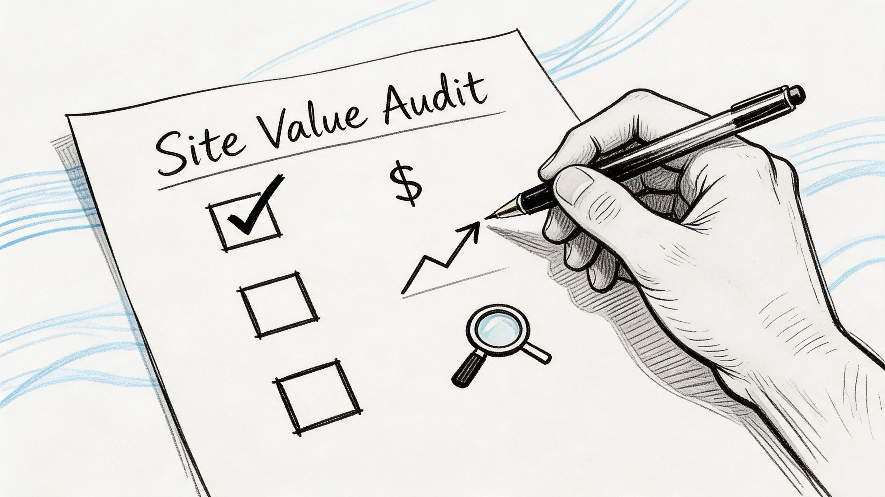 A hand using a pen to mark a checklist on a paper titled Site Value Audit.