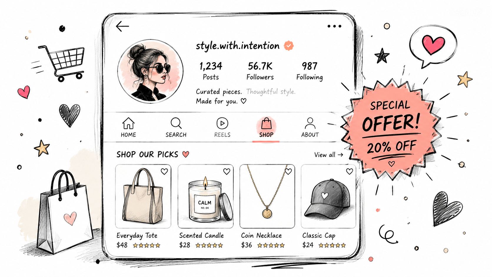 A digital illustration showing a fashion influencer's Instagram shop profile with product listings and a 20% discount offer.