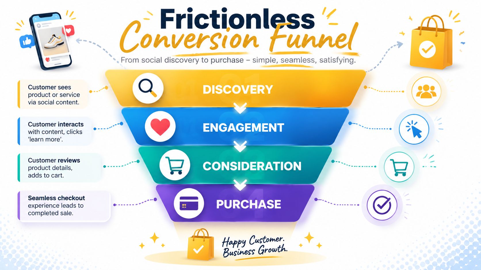 A diagram illustrating a frictionless conversion funnel moving from social discovery to purchase for business growth.