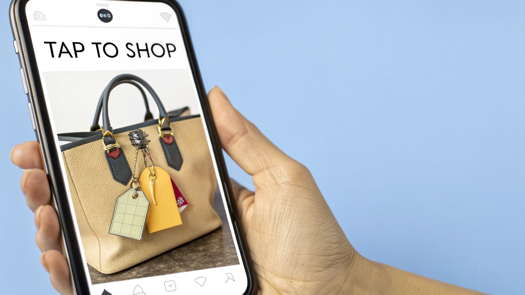A diagram illustrating the process of social commerce, where a user sees a product on social media and can purchase it directly on the platform.