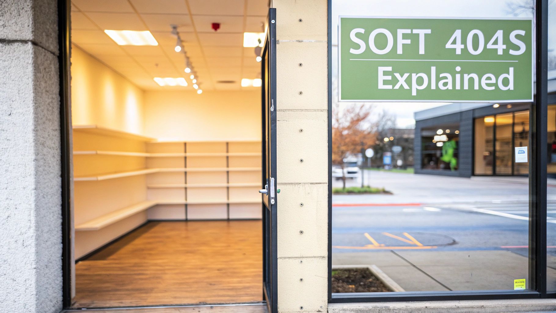 An open doorway revealing an empty retail store with bare shelves, next to a window displaying a 'SOFT 404S Explained' sign.
