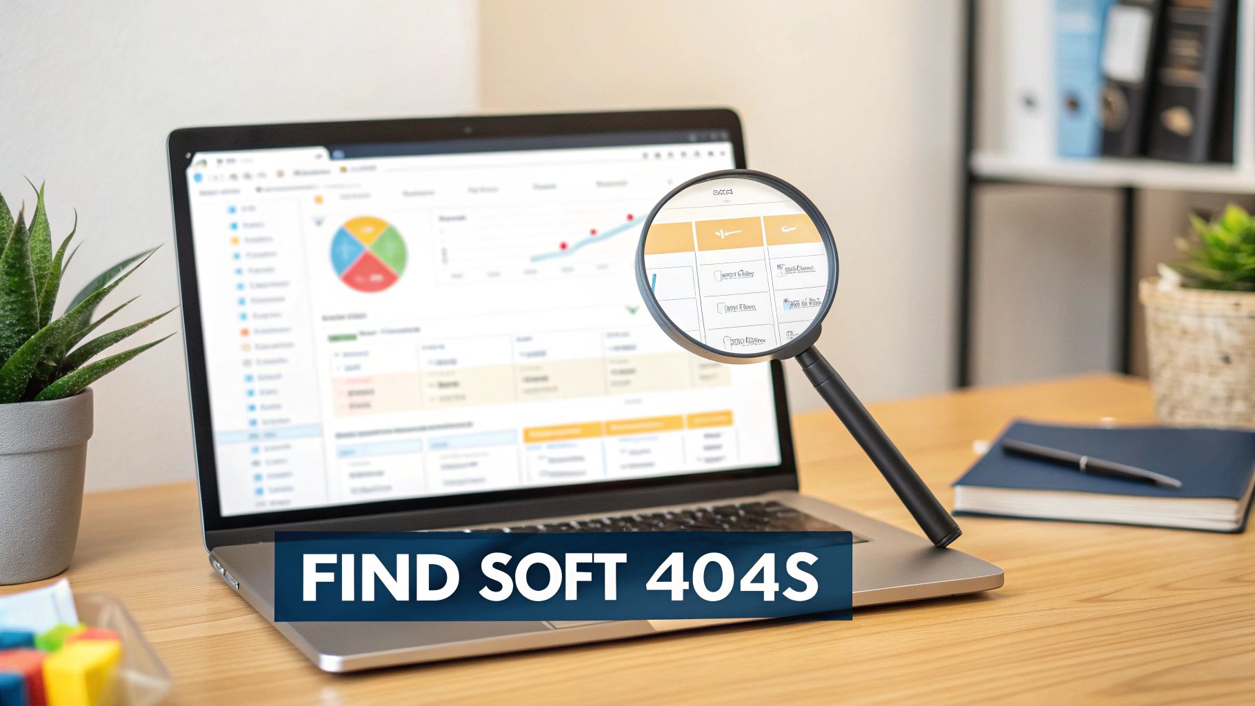 A laptop displaying data and charts, with a magnifying glass highlighting an area, and text 'FIND SOFT 404S'.