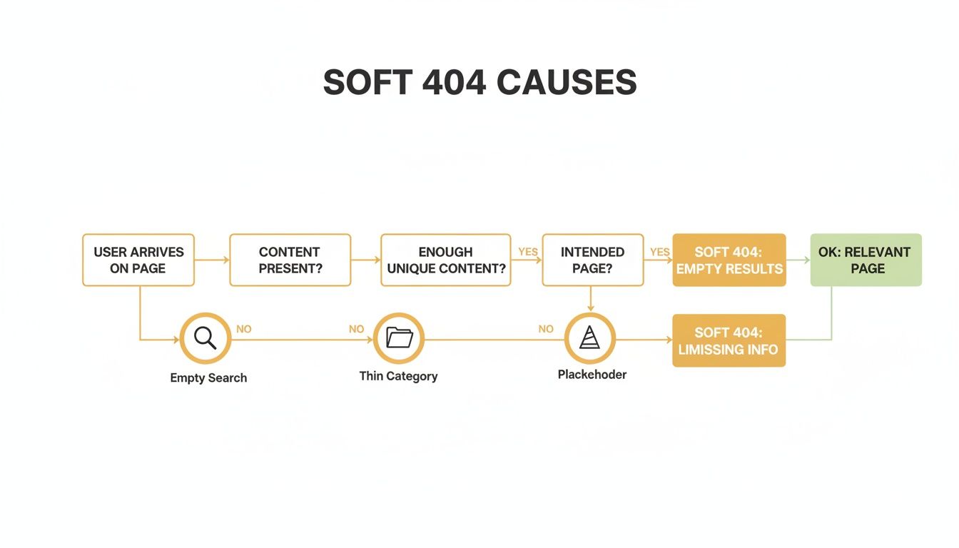 A flowchart detailing various causes and scenarios that lead to soft 404 errors.