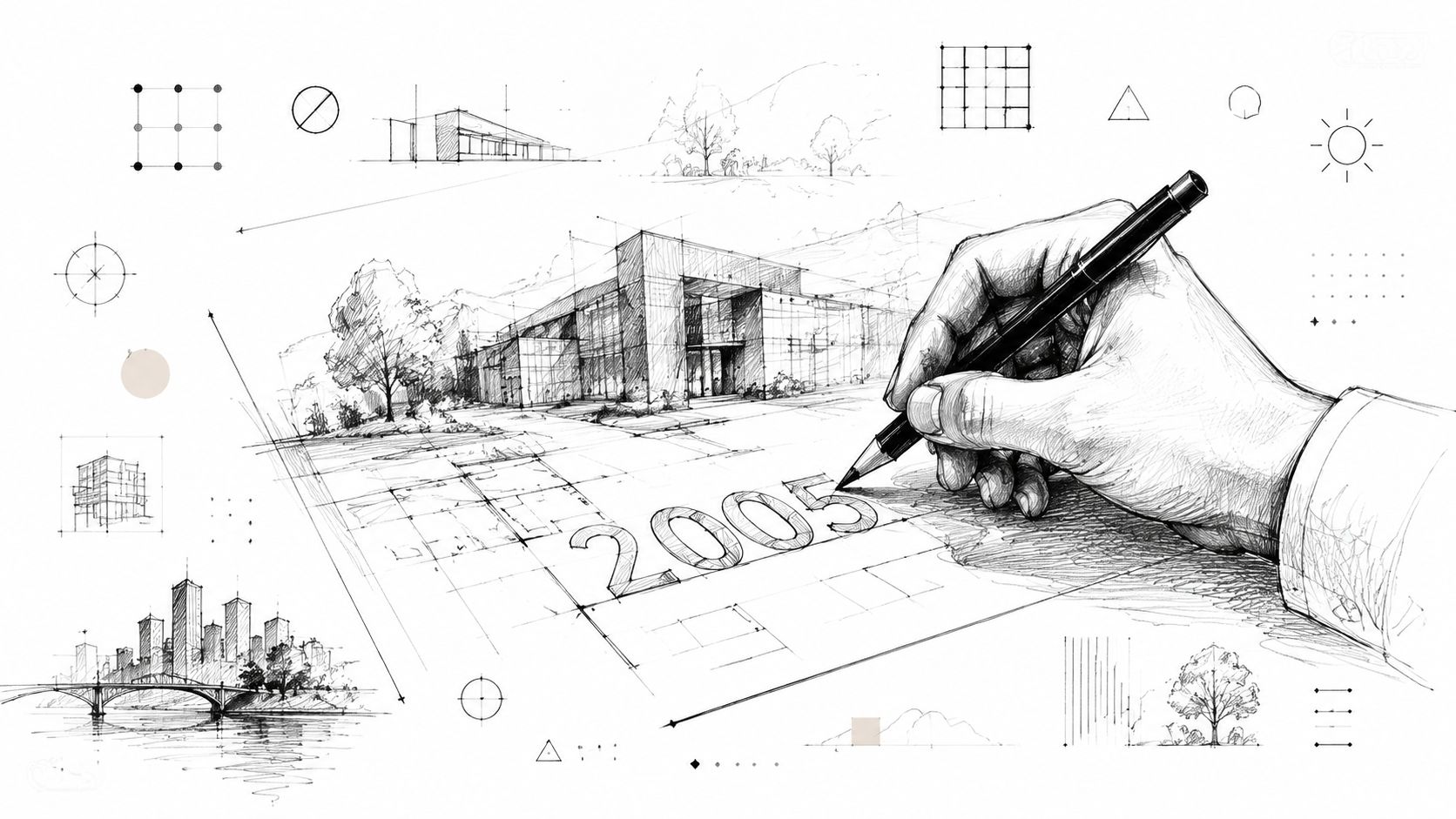 A detailed architectural sketch of a building project being drawn by a hand with the year 2005.