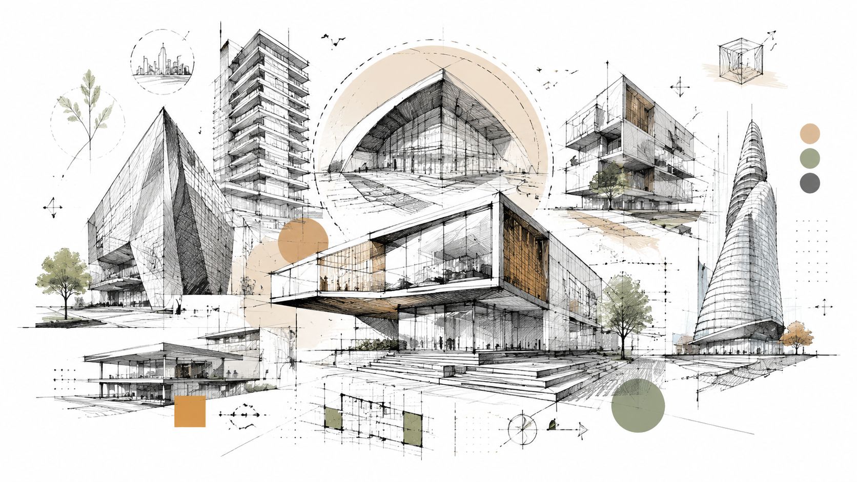 A detailed architectural concept board featuring various building sketches, modern building designs, and technical drafting elements.