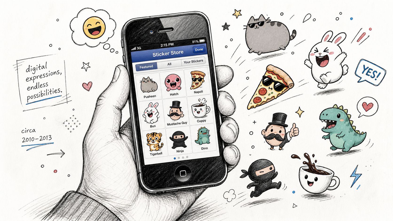 A hand holding a smartphone displaying a Facebook sticker store interface with various cute character illustrations.