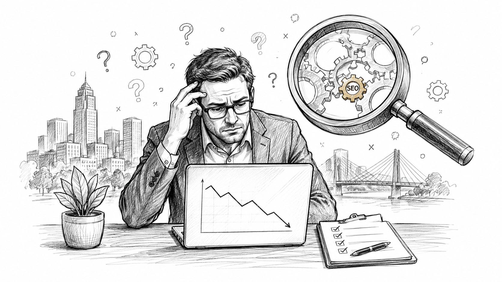 A businessman looking stressed at a laptop with a declining chart while examining SEO gear icons.