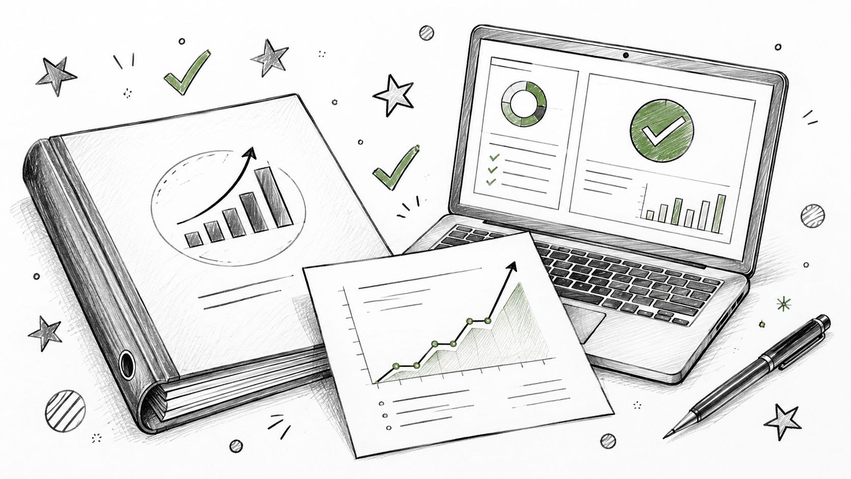 A hand-drawn sketch showing a laptop, a binder, a document with a growth chart, and a pen.