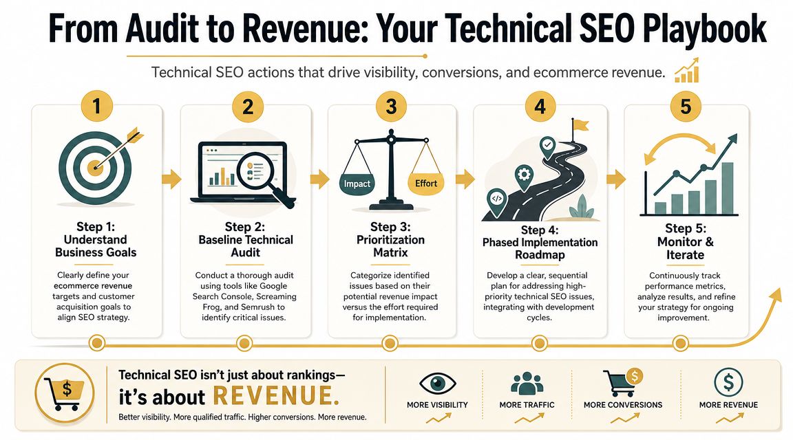 A 5-step infographic illustrating a technical SEO strategy to improve visibility, traffic, and ecommerce revenue.