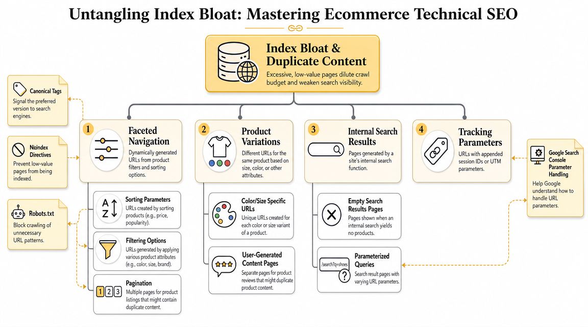 A flowchart detailing common causes of index bloat and duplicate content in ecommerce technical SEO strategies.