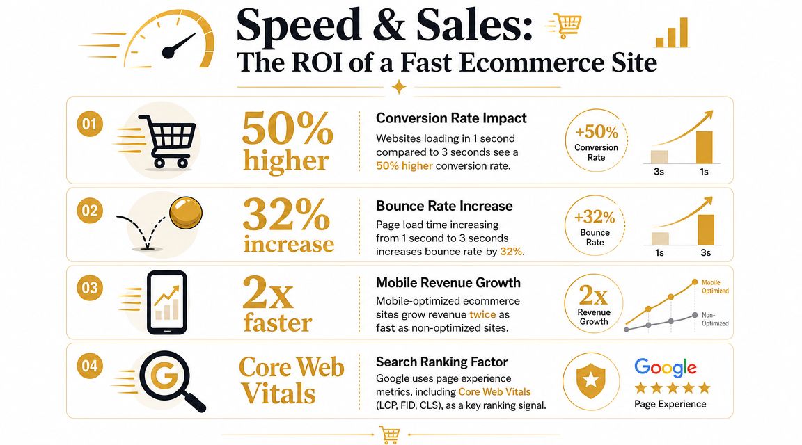 An infographic showing how faster website loading speeds improve ecommerce conversion rates and search rankings.