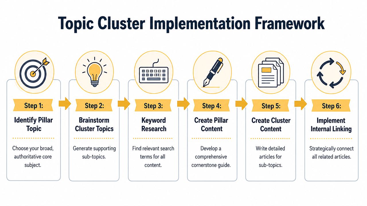 A six-step infographic illustrating the professional process for building a successful content topic cluster strategy framework.