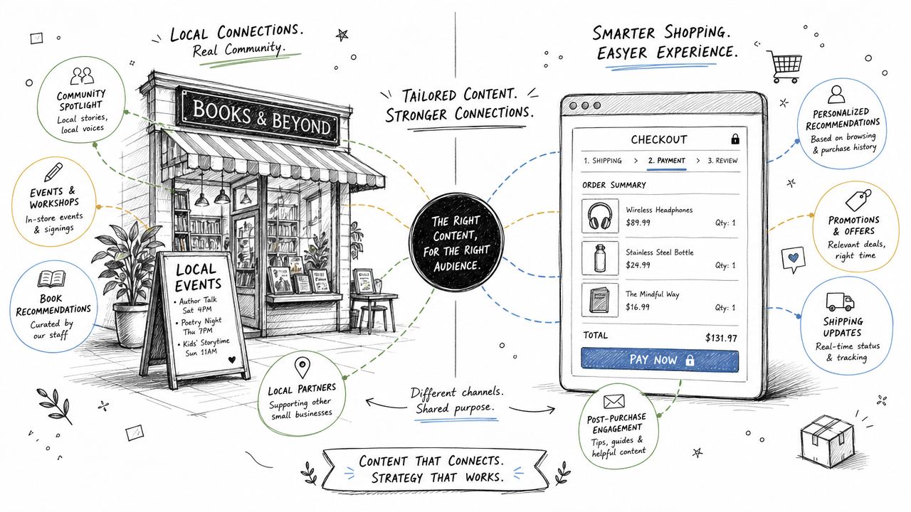 A hand-drawn illustration showing the integration of local bookstore community events with digital e-commerce shopping experiences.