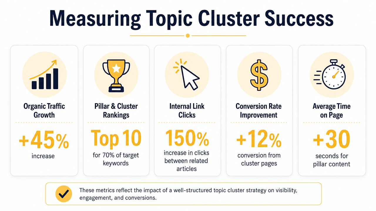 A data visualization chart showing five key performance indicators for measuring successful topic cluster strategy results.