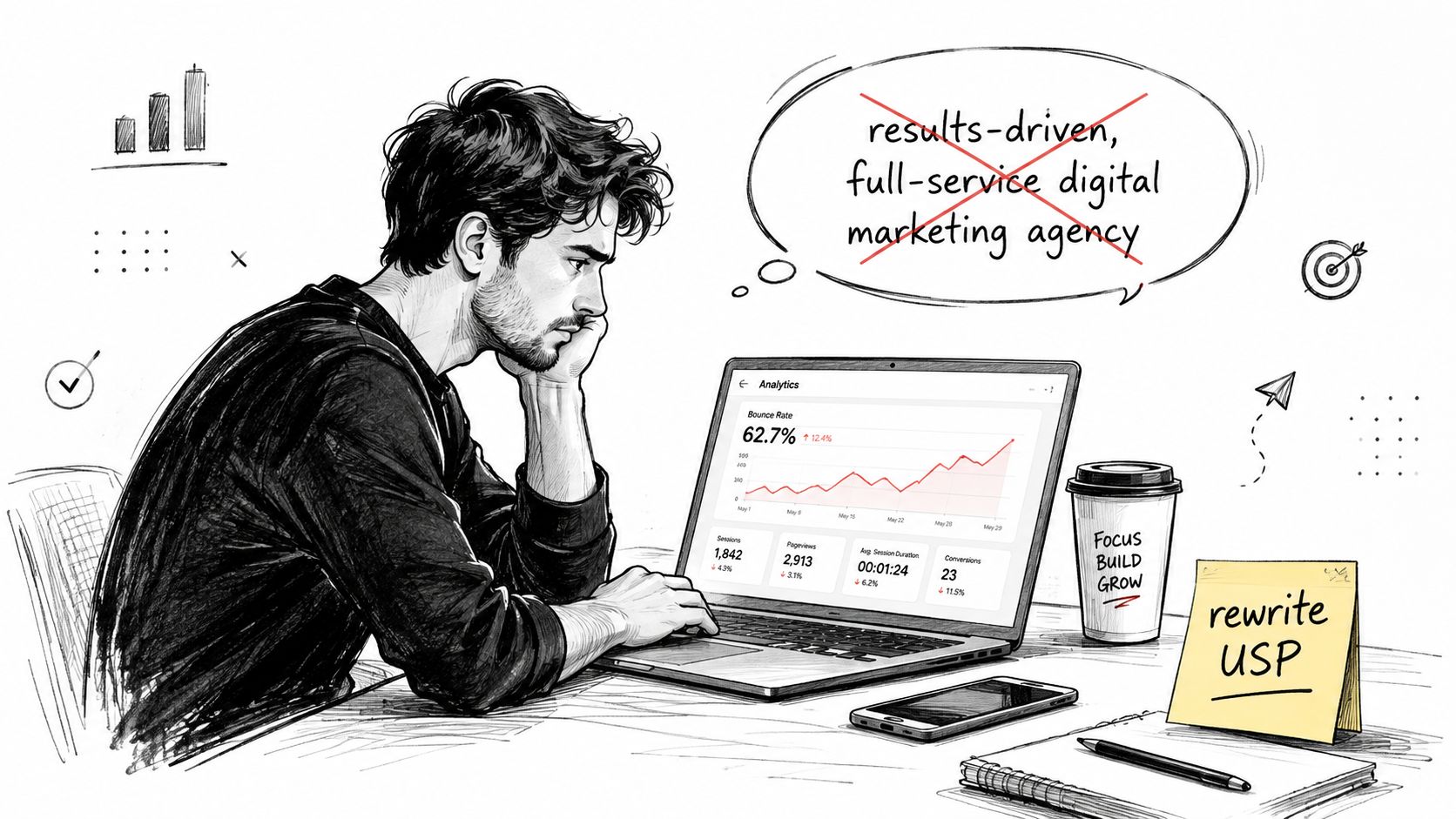 A man working on his laptop pondering a new unique selling proposition for his marketing agency.