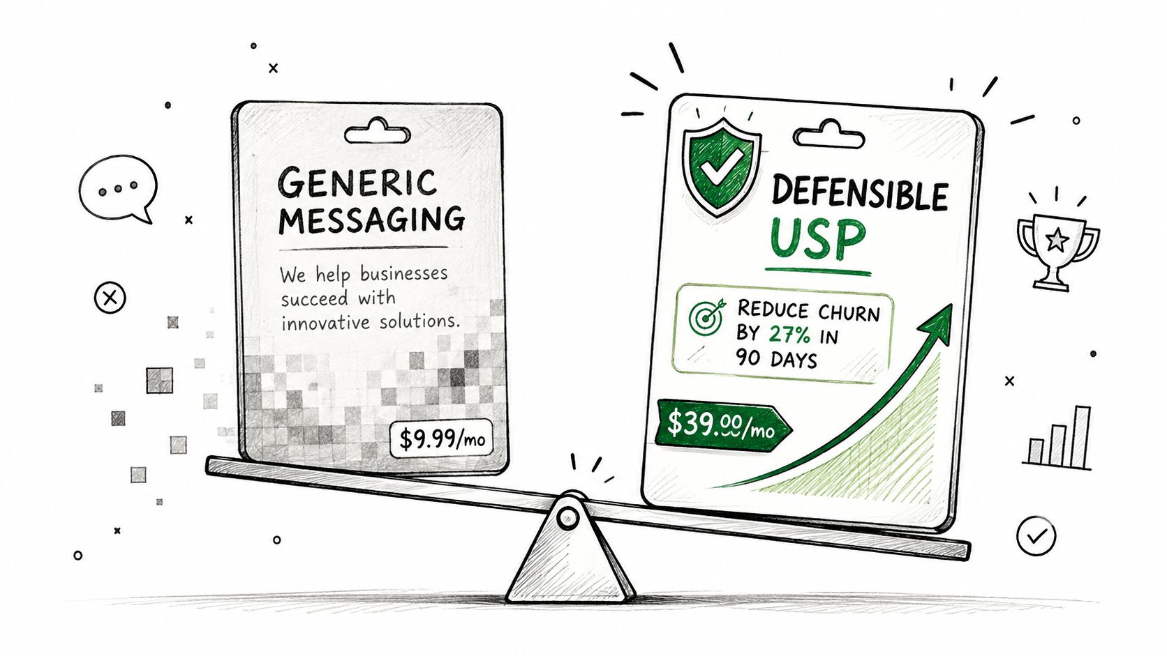 A hand-drawn illustration comparing generic business messaging to a specific, defensible unique selling proposition on a scale.