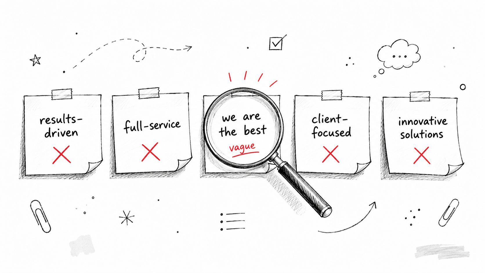 A hand-drawn illustration depicting sticky notes labeled with cliché business slogans, all marked with red X symbols.