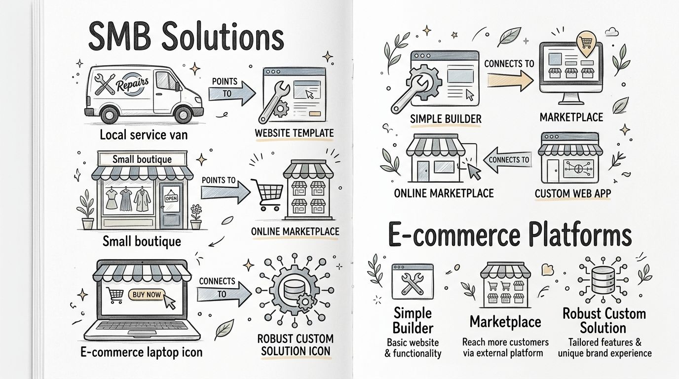 A hand-drawn illustration depicting SMB solutions and e-commerce platforms including custom web apps and digital marketplaces.