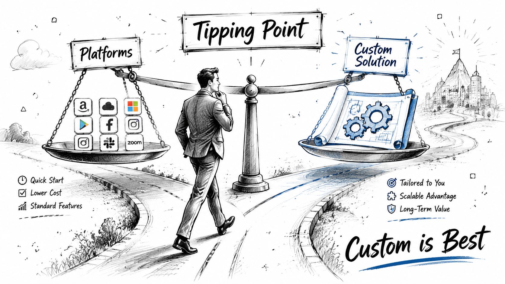 A business professional standing at a crossroads, weighing off-the-shelf software platforms against a custom-built technical solution.
