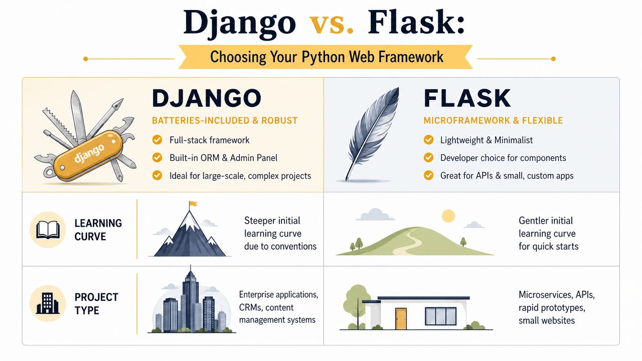 A comparison infographic between Django and Flask, highlighting their features, learning curves, and suitable project types.