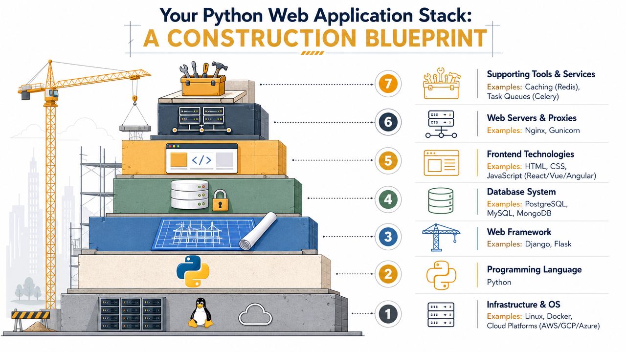 A pyramid illustration depicting the layers of a Python web application stack from infrastructure to services.