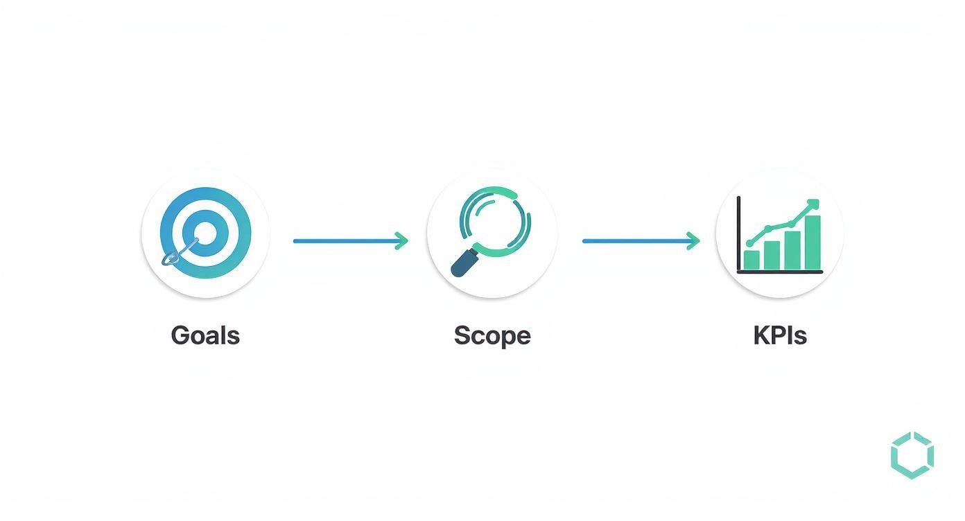 Diagram illustrating a project planning process: Goals, Scope, and Key Performance Indicators (KPIs).