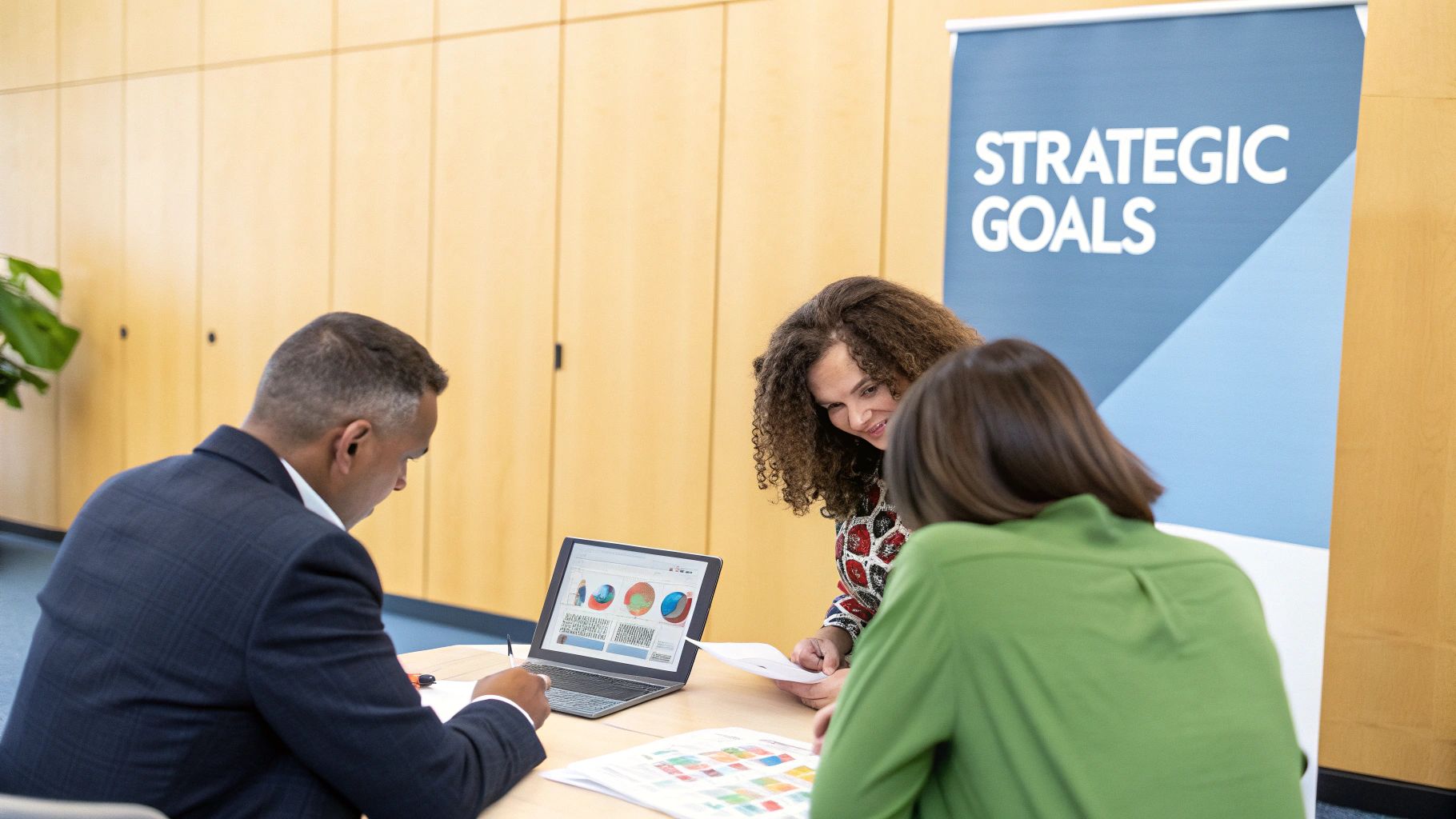 Diverse team reviews data on a laptop and documents during a strategic meeting.