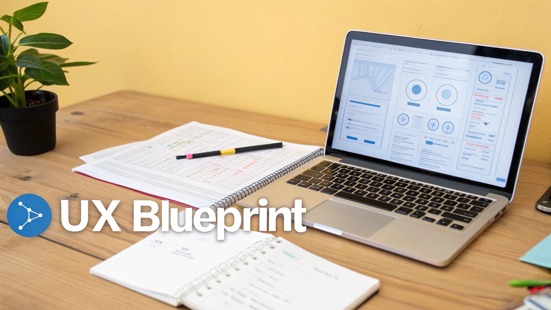 A desk with a laptop displaying a UX design, alongside notebooks and a plant.