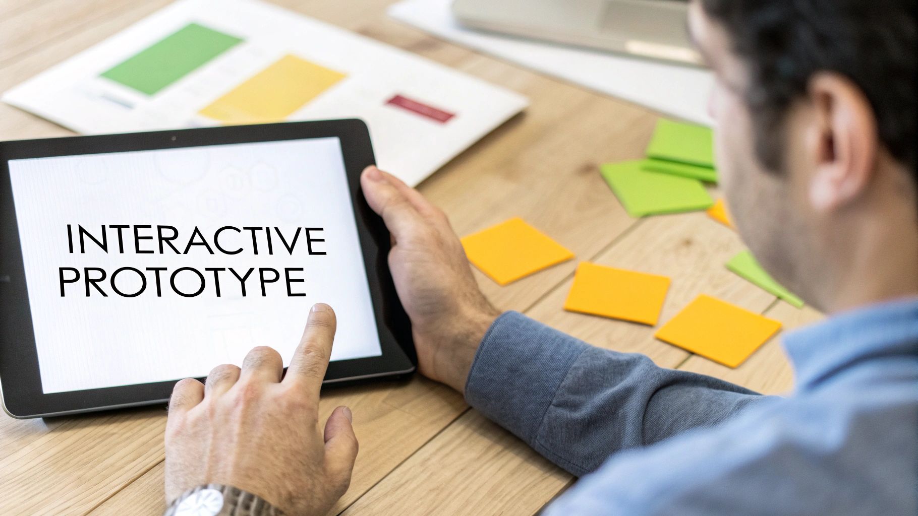 Close-up of hands touching a tablet screen displaying 'INTERACTIVE PROTOTYPE' during a web design session.