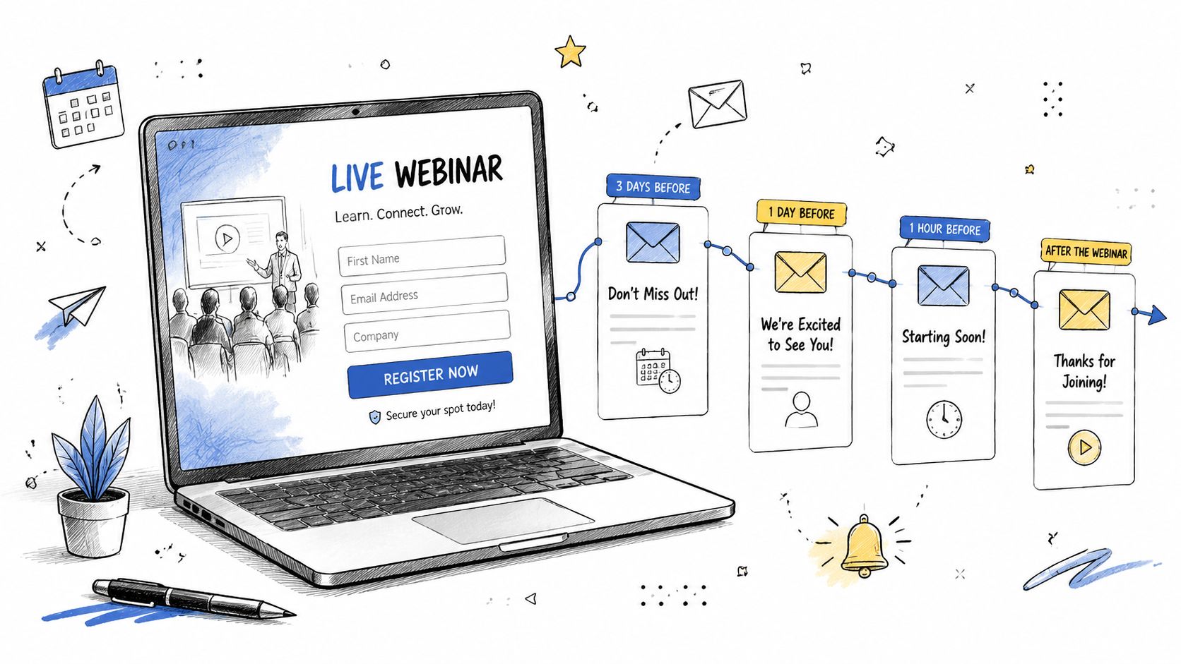 A hand-drawn illustration showing a laptop for webinar registration followed by a timeline of automated email marketing reminders.