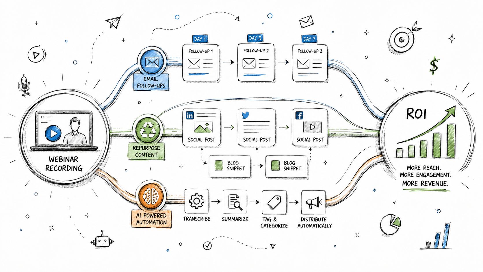 An infographic illustrating a webinar marketing strategy involving email follow-ups, content repurposing, and AI-powered automation to boost ROI.