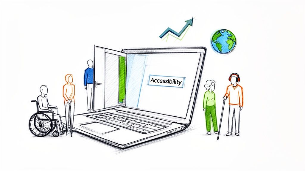Diverse people with disabilities interacting with a laptop screen displaying 'Accessibility', symbolizing digital inclusion.