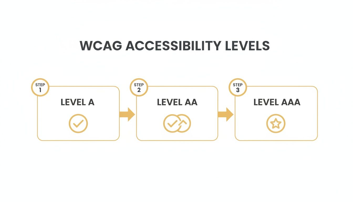 Flowchart illustrating WCAG accessibility levels: Level A, Level AA, and Level AAA.