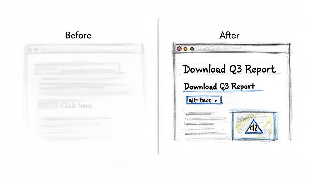 Web page comparison showing accessibility improvements: clear text, 'alt text' option, and an accessible image.