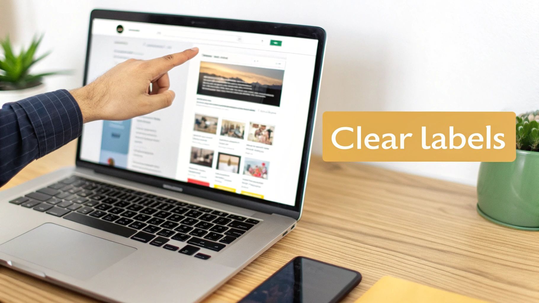 A hand points to a website on a laptop screen, highlighting 'Clear labels' on a wooden desk.