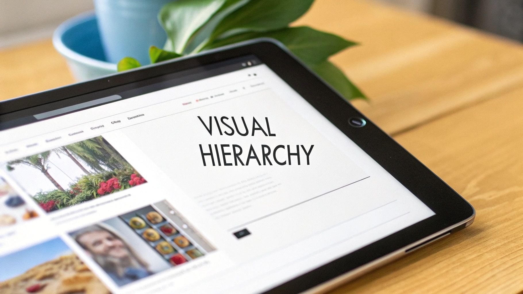 A close-up of a tablet displaying a webpage with 'VISUAL HIERARCHY' text and images.