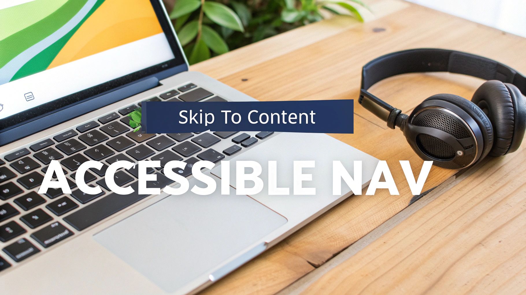 Laptop and headphones on a wooden desk with 'Skip To Content' and 'ACCESSIBLE NAV' text.