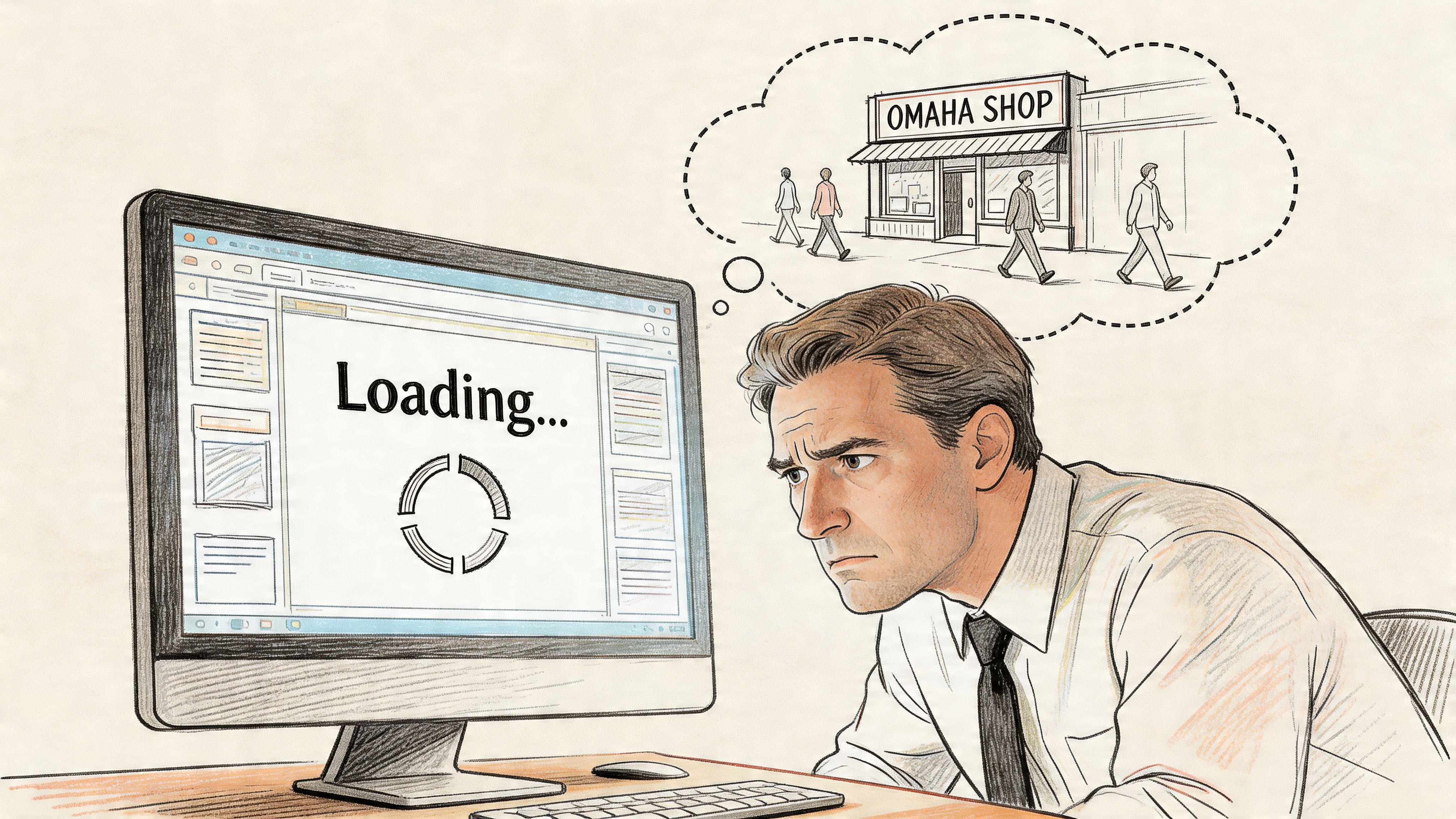 A businessman looking frustrated at a computer screen showing a loading symbol while imagining a physical shop.