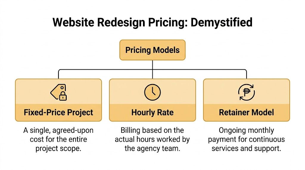An infographic titled Website Redesign Pricing Demystified showcasing fixed-price, hourly rate, and retainer pricing models.