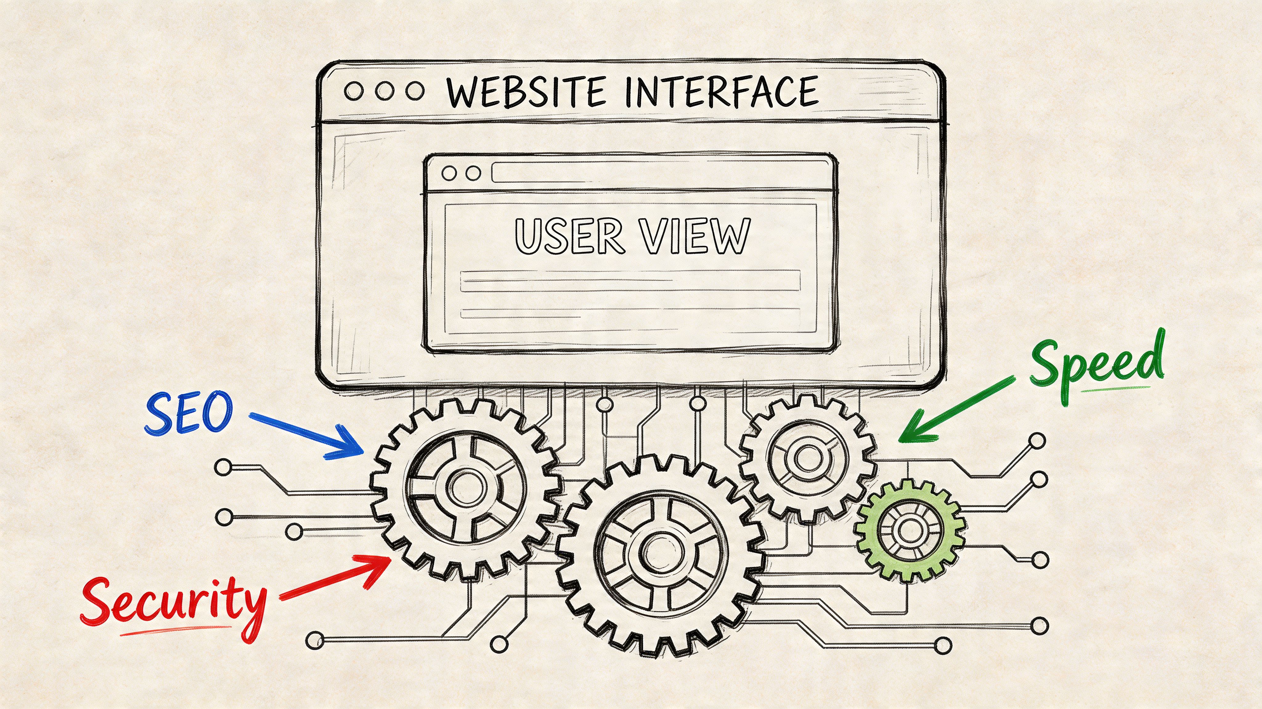 A hand-drawn illustration showing a website interface connected to gears representing SEO, security, and website speed.