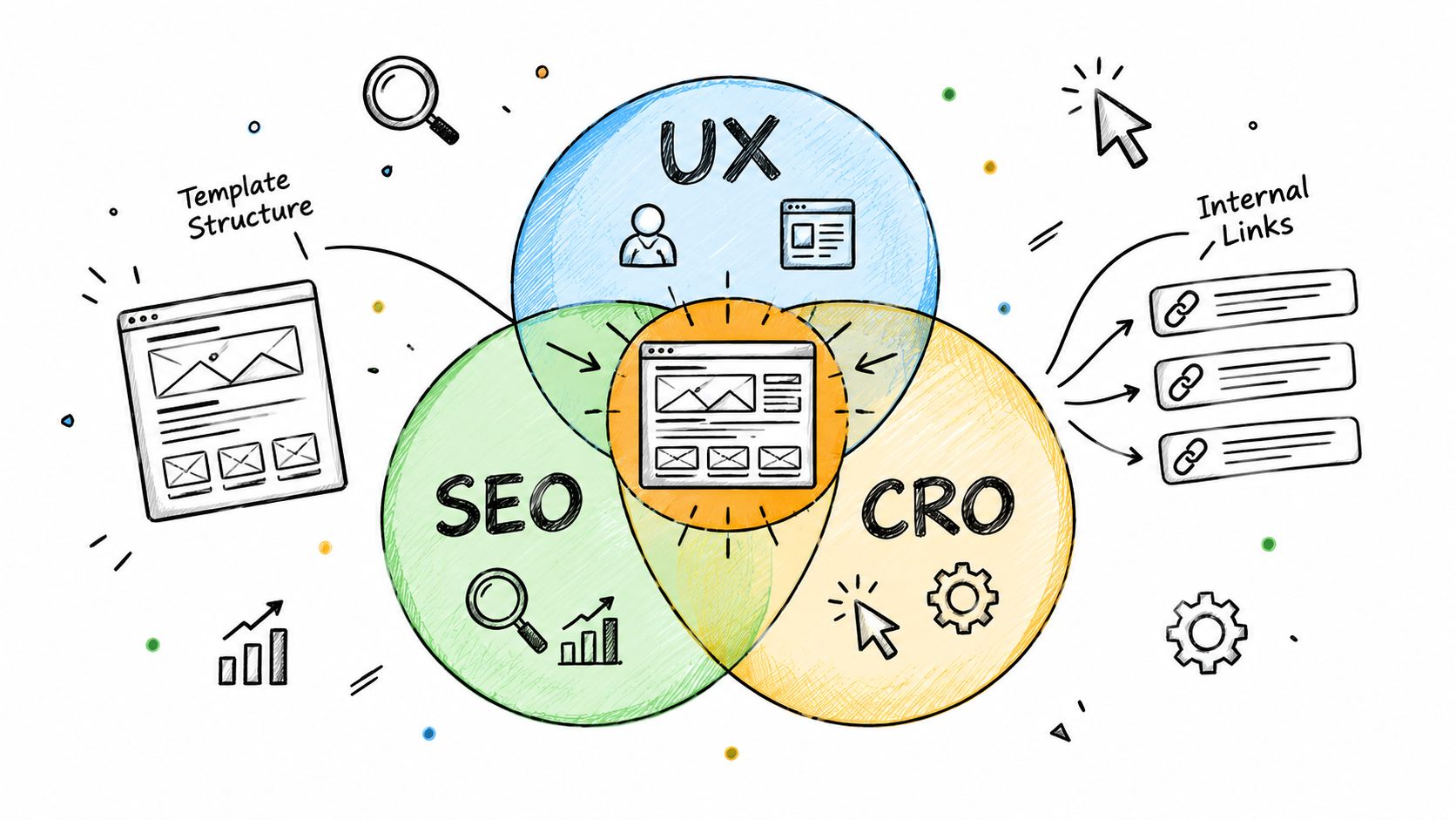 A Venn diagram showing the intersection of SEO, UX, and CRO to improve website redesign strategy.