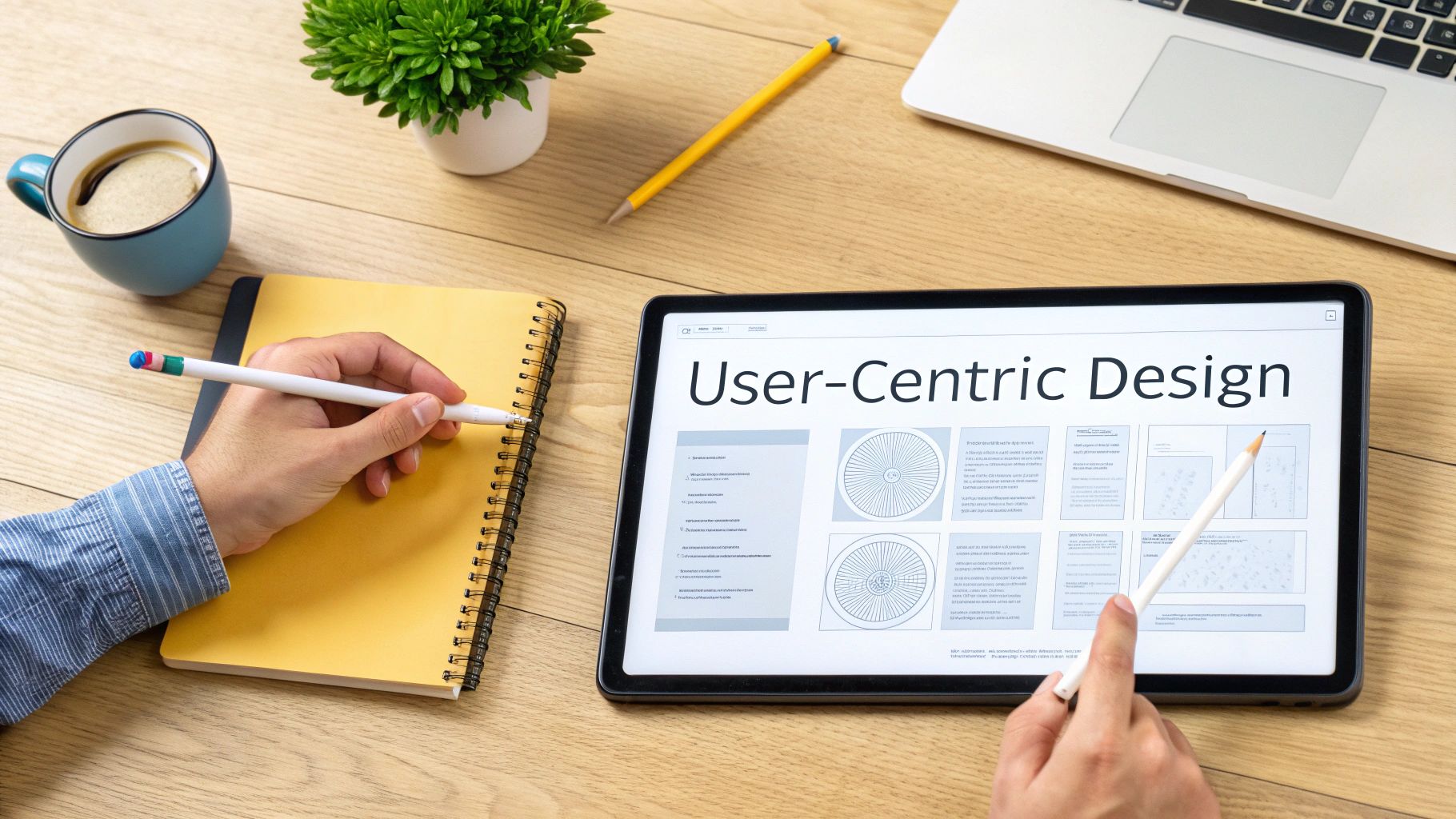 Woman sketching website wireframes on a tablet