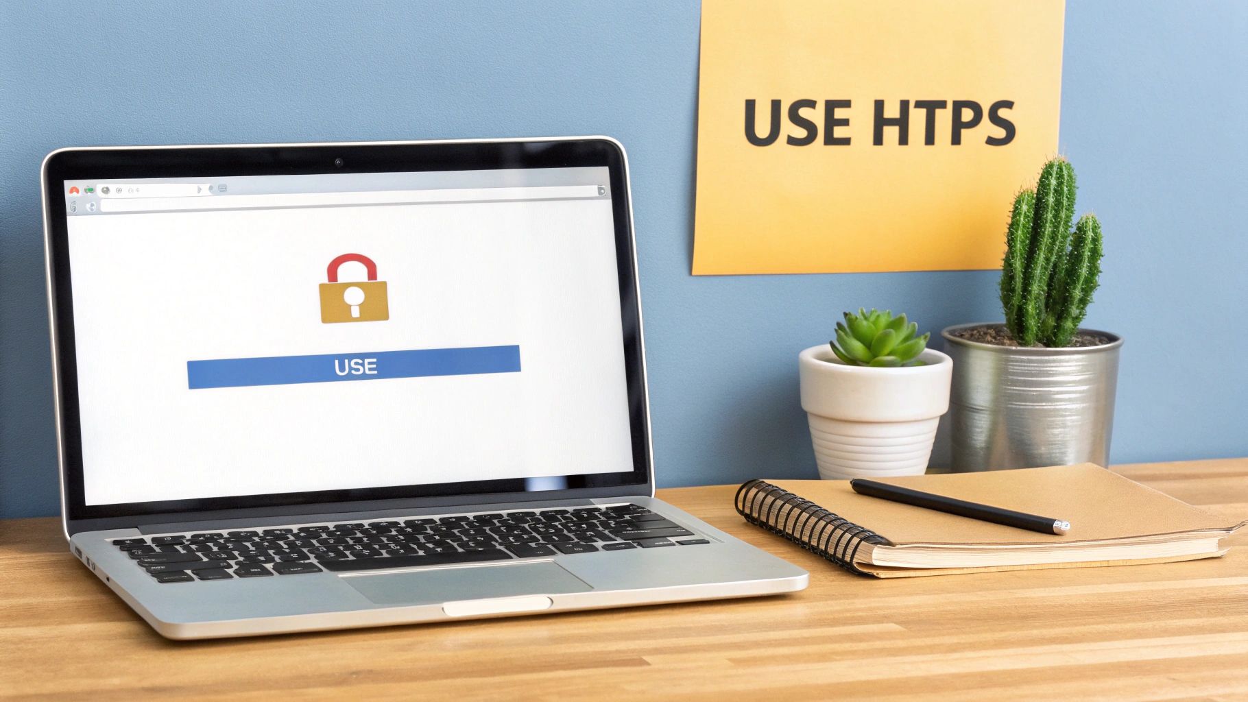 A laptop displays a padlock icon with 'USE' button, alongside a 'USE HTTPS' sticky note.
