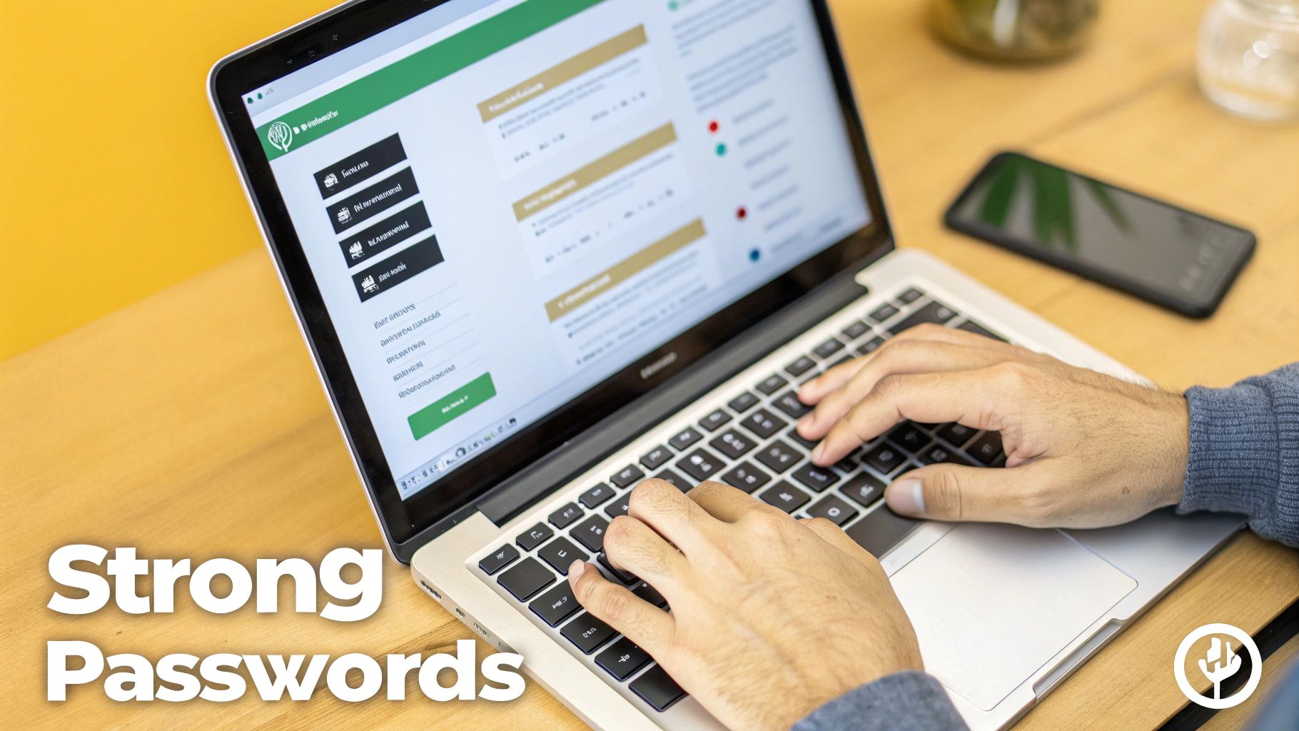 Close-up of a person typing on a laptop displaying a password management interface with 'Strong Passwords' text.