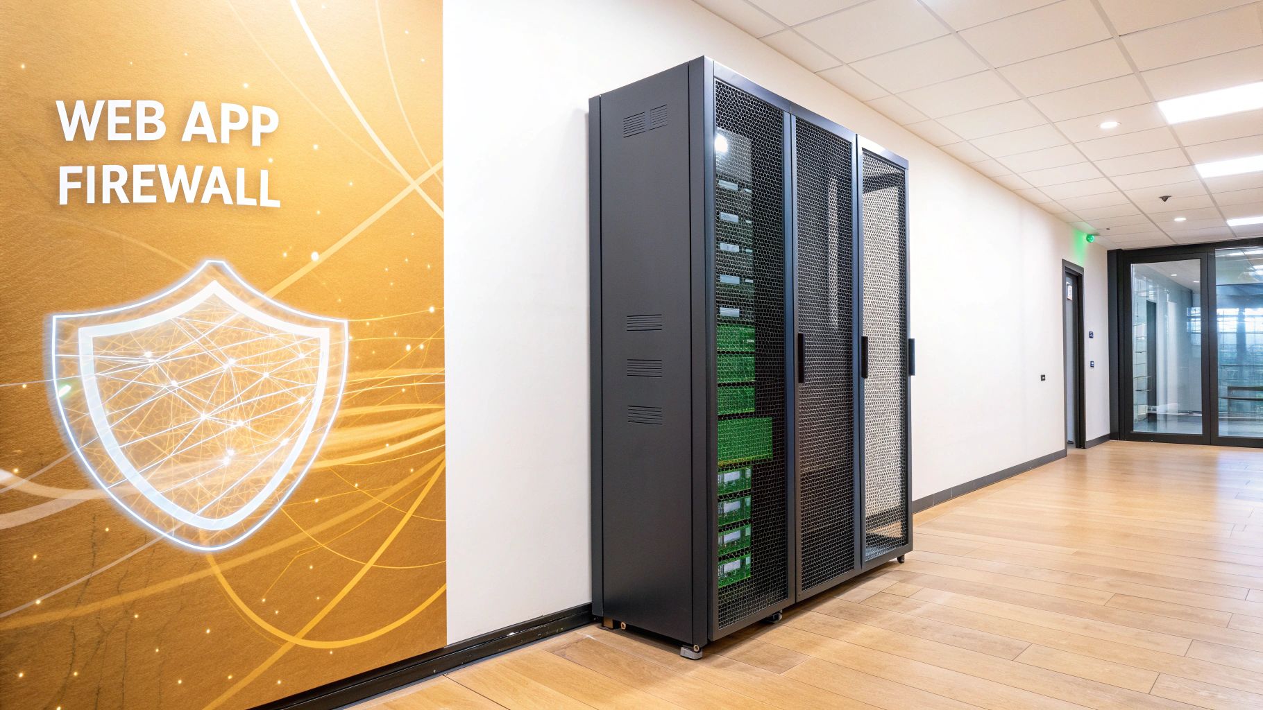 A hallway with a 'WEB APP FIREWALL' sign next to dark server racks in a data center.