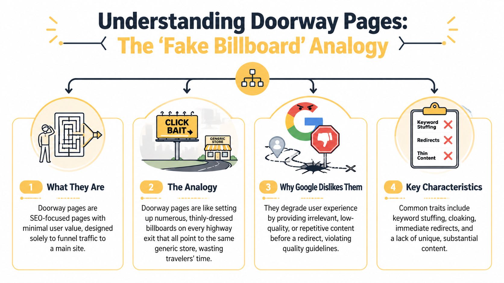An infographic explaining what doorway pages are using the fake billboard analogy and key characteristics.