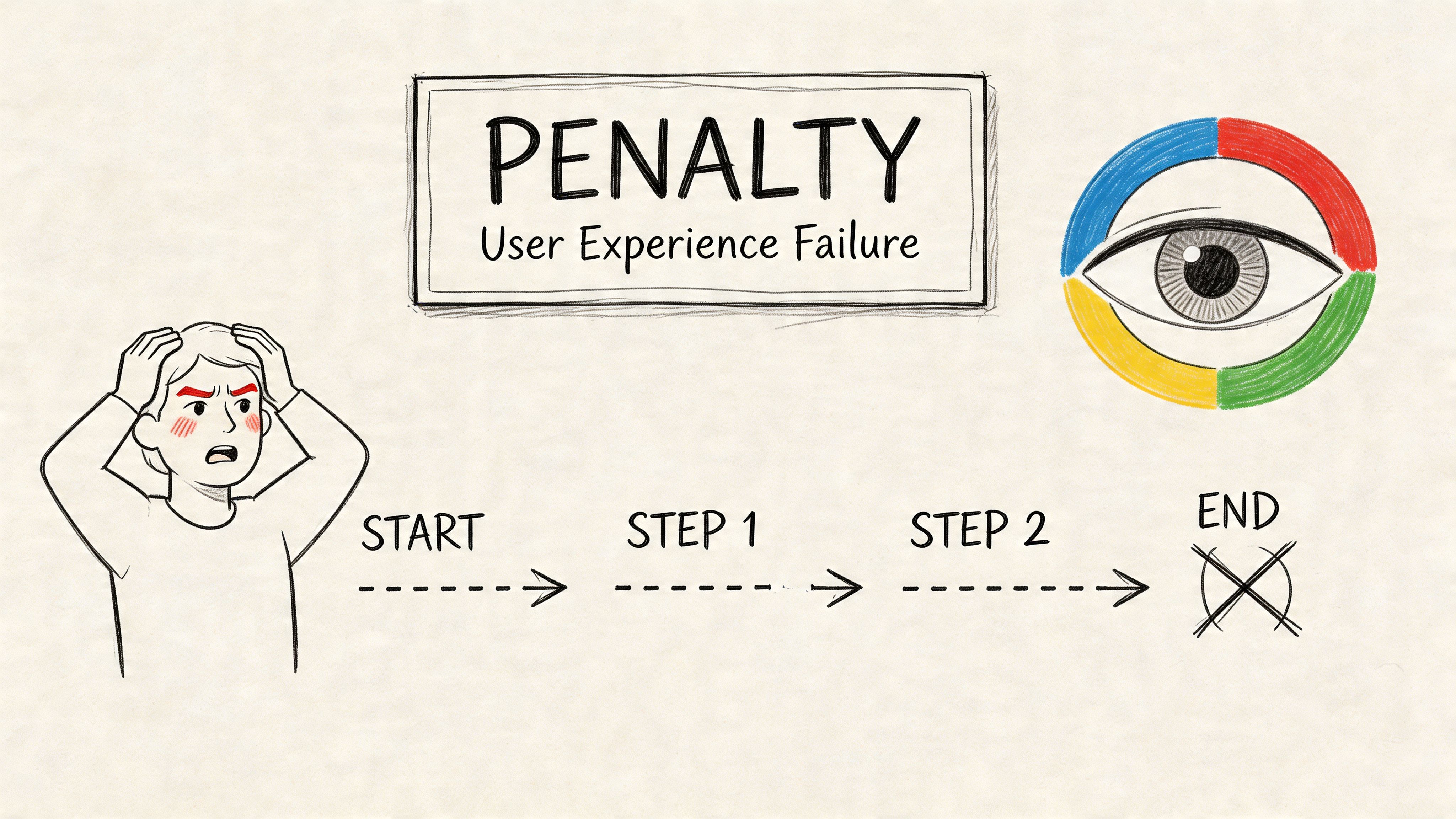 A hand-drawn illustration depicting a user experience failure penalty, showing a frustrated person and a blocked journey.