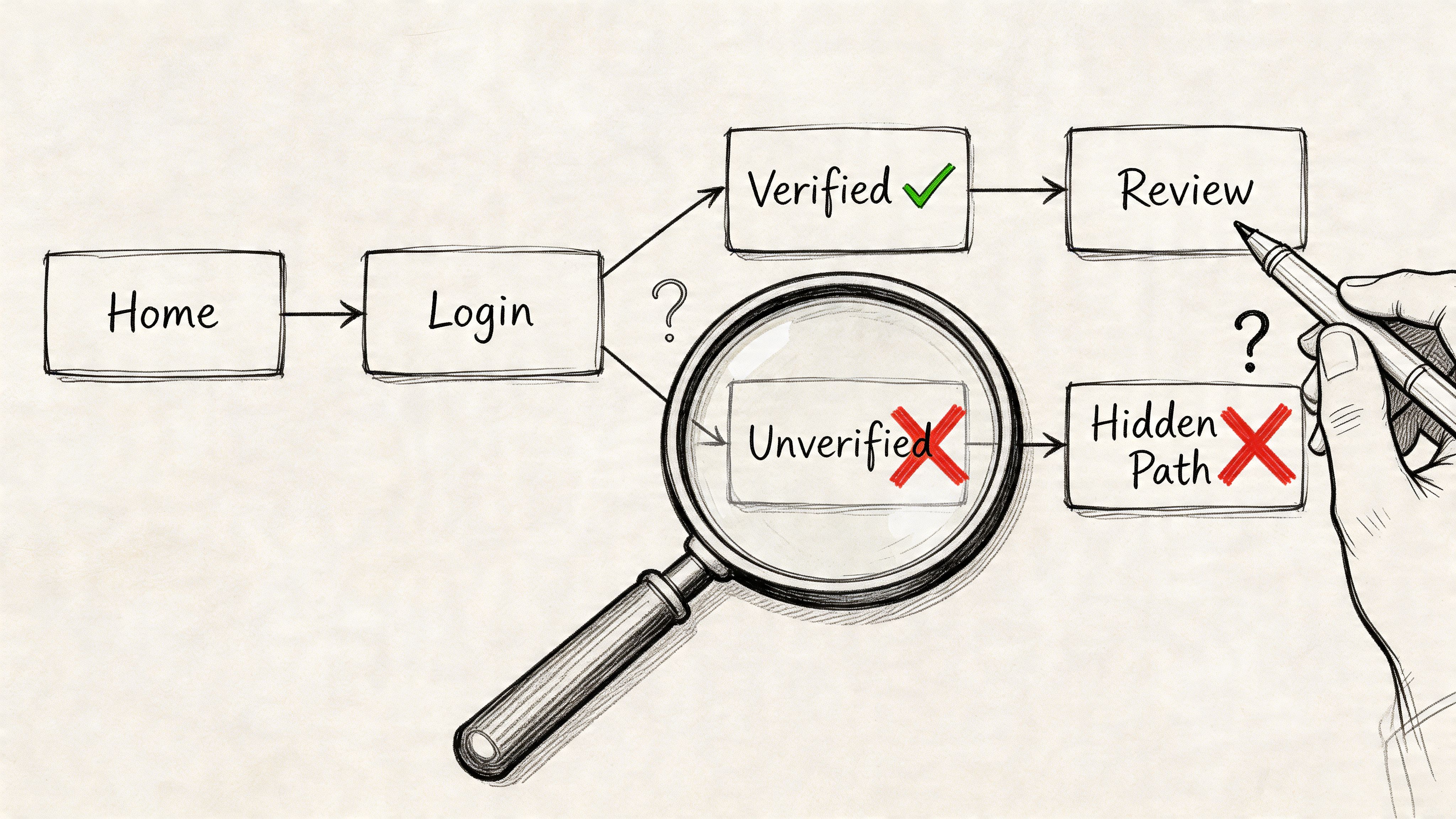 A hand-drawn flowchart illustrating user navigation from Home to Login, splitting into Verified and Unverified paths.
