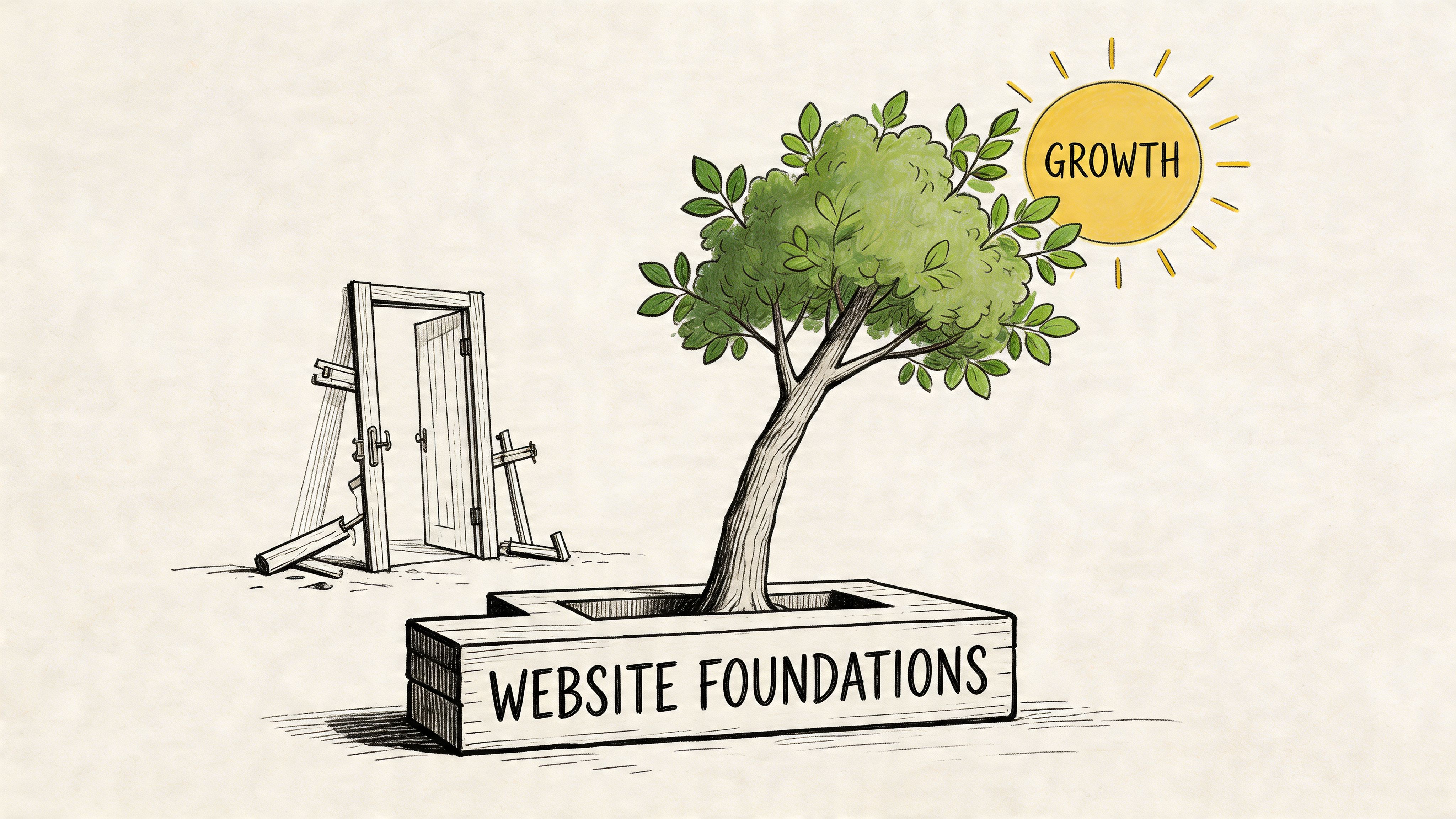 A conceptual illustration showing a tree growing from website foundations, contrasted with a broken doorway page structure.