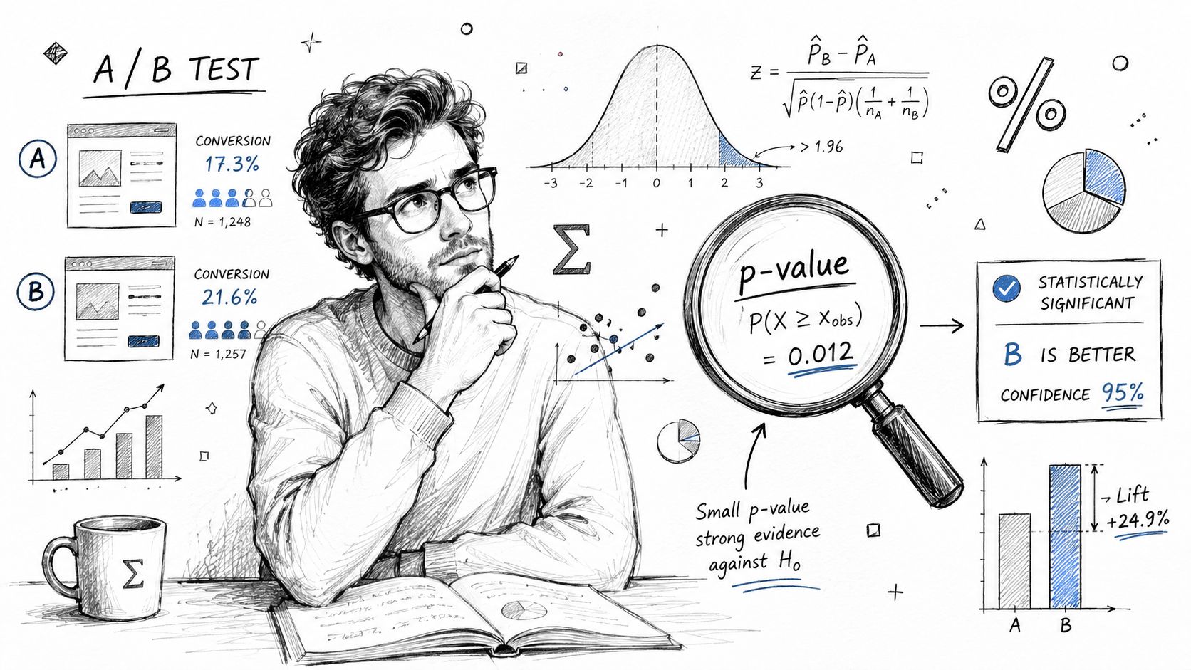 A man thoughtfully analyzing A/B testing data including p-values, statistical significance, and conversion metrics in a sketch.